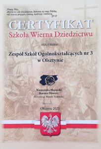 Certyfikat - Szkoła Wierna Dziedzictwu